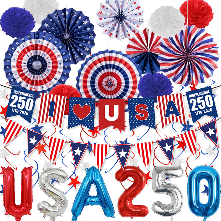 Unisex nan patriotic party decoration set with paper fans bunting pom poms star garlands and foil letter balloons Bowlift