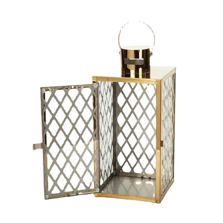 Modern Polished Lattice Metal Lantern Collection with Hinged Door and Top Loop Handle Bowlift