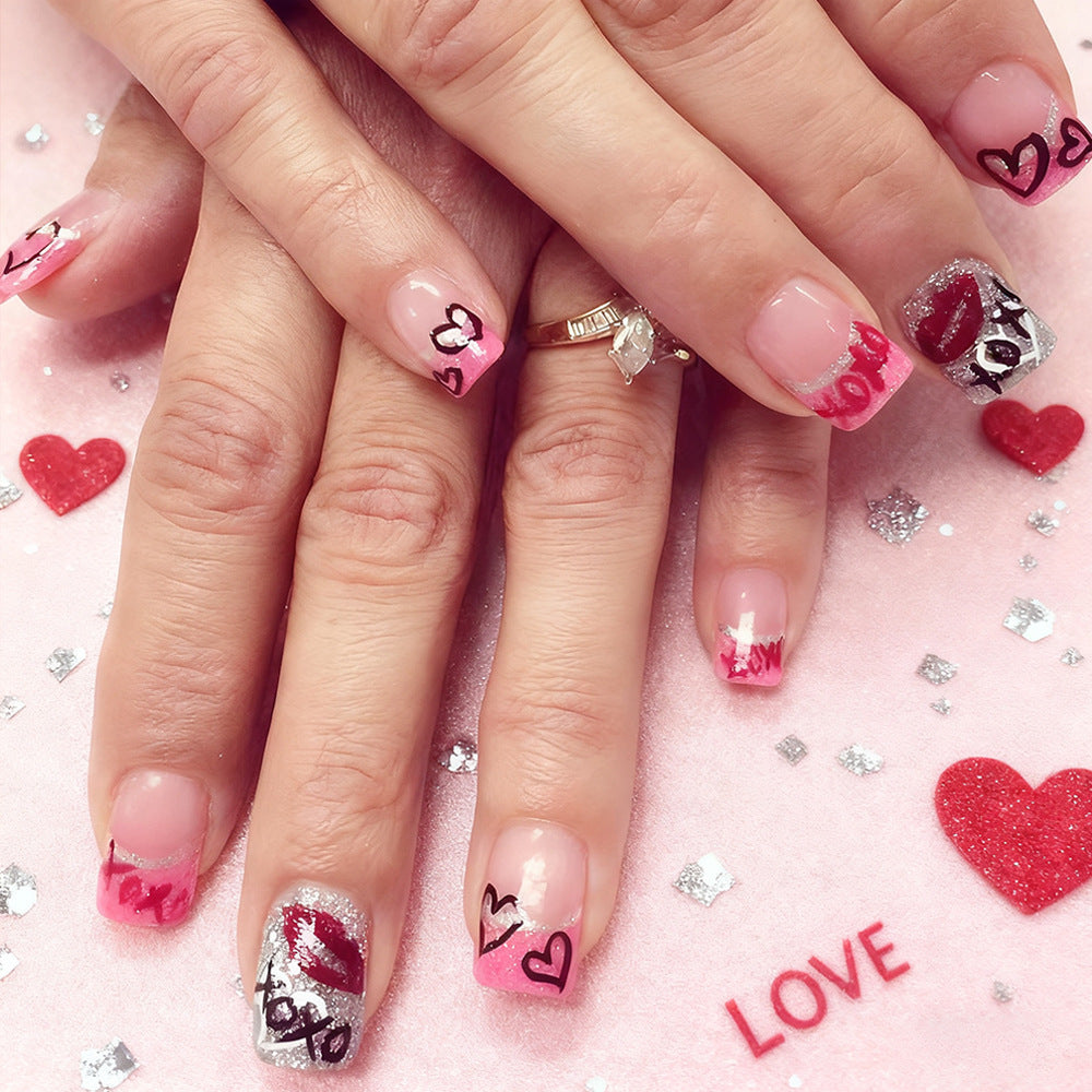 Romantic Heart-Themed Press-On Nail Art Bowlift