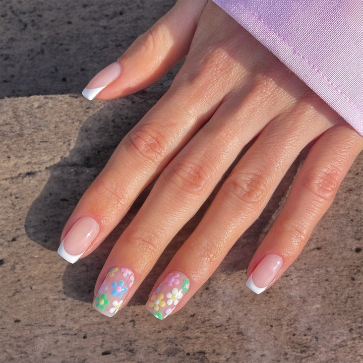 Artificial nail set with colorful flowers and creative French design Bowlift