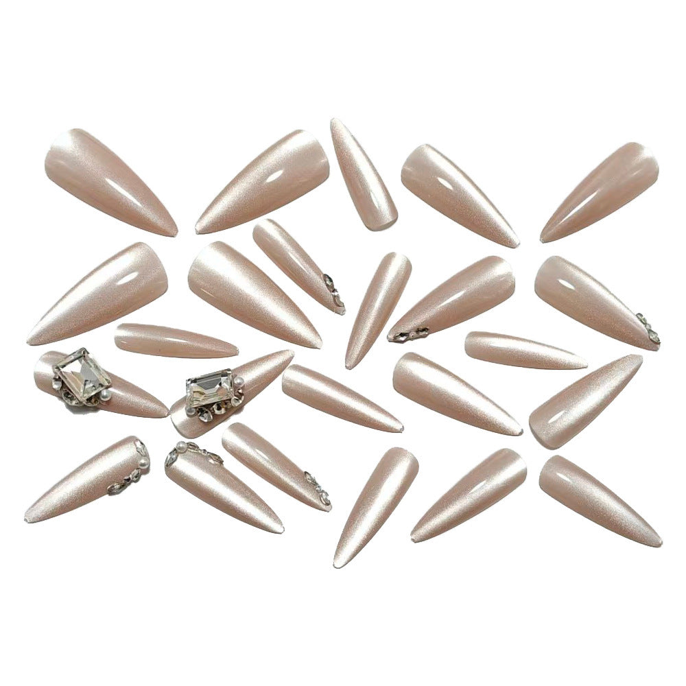 Luxury nude-style artificial nails with 3D stone decorations Bowlift