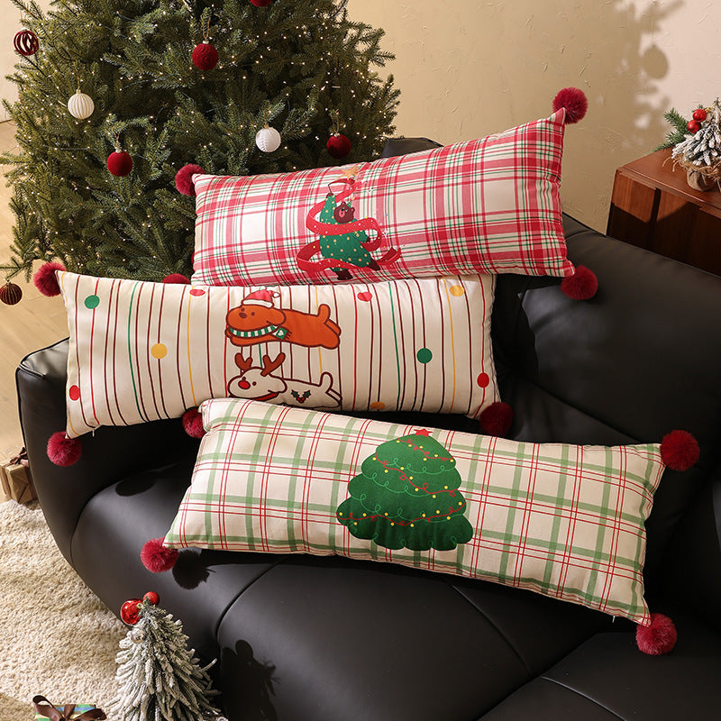 Long neck and decorative cushion with check pattern, dog Christmas tree application and pompom
