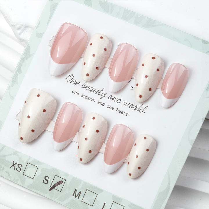 Elegant Press-On Nail Set with Polka Dot and French Tip Design Bowlift
