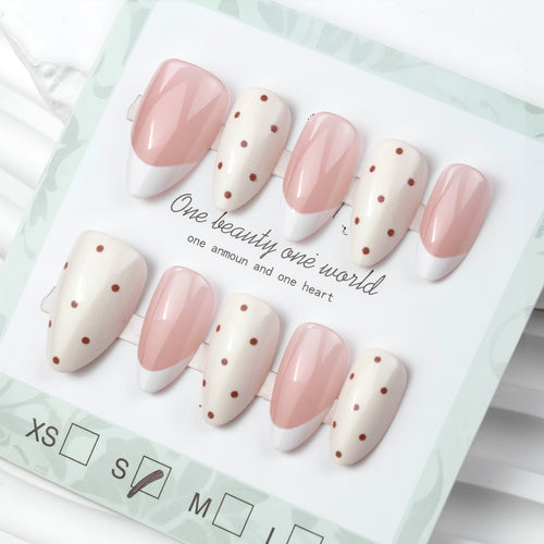 Elegant Press-On Nail Set with Polka Dot and French Tip Design Bowlift