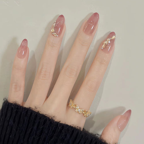 Premium Stiletto Press-On Nail Art with Gold Accents Bowlift