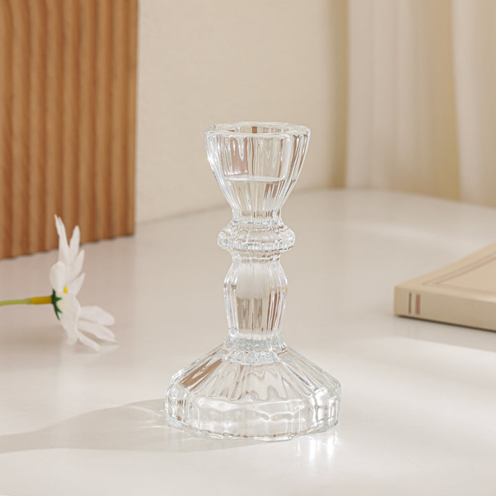 Crystal-cut Glass Candlestick Holder with Ribbed Stem Bowlift