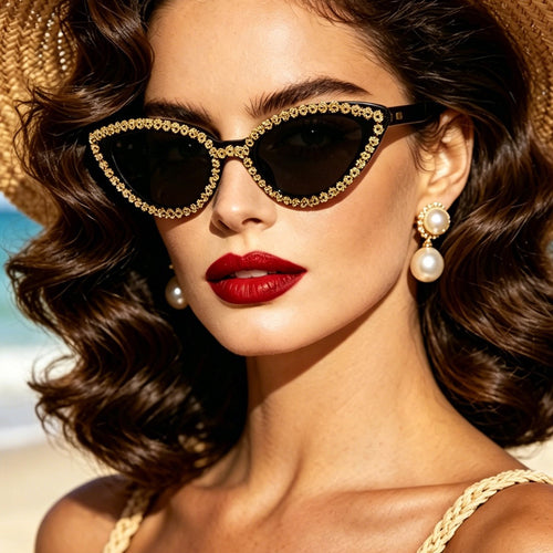 Ladies Glamorous Cat-Eye Sunglasses with Sparkling Flower Accents Bowlift