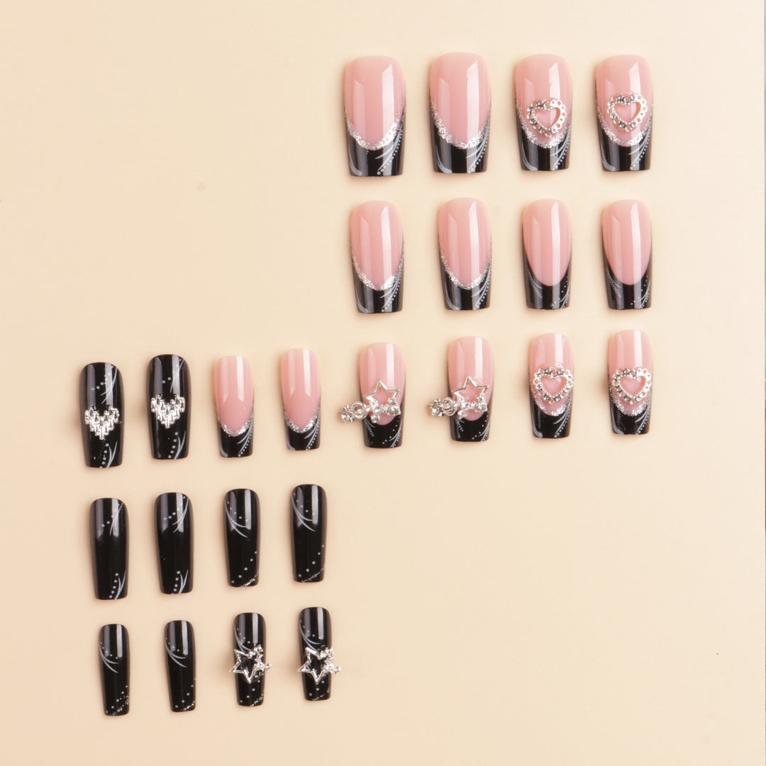 Artistic Long Press-On Nail Design with Rhinestone Accents Bowlift