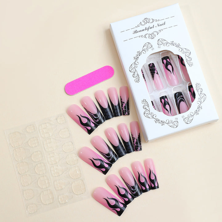 Artistic Press-On Nail Set with Flame Design Bowlift