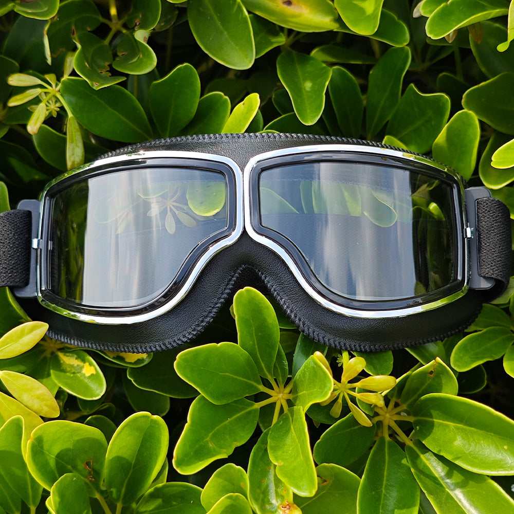 Polarized Mirrored Motorcycle Goggles with Leather Trim and Padded Foam Seal Bowlift