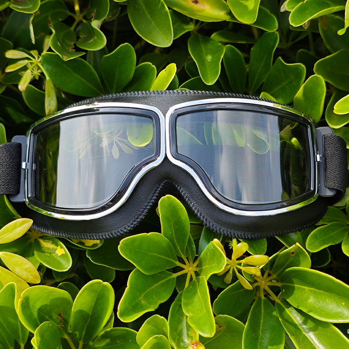 Polarized Mirrored Motorcycle Goggles with Leather Trim and Padded Foam Seal Bowlift