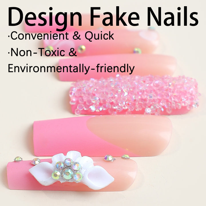 Acrylic nail set with sparkling glitter and delicate flower decorations Bowlift