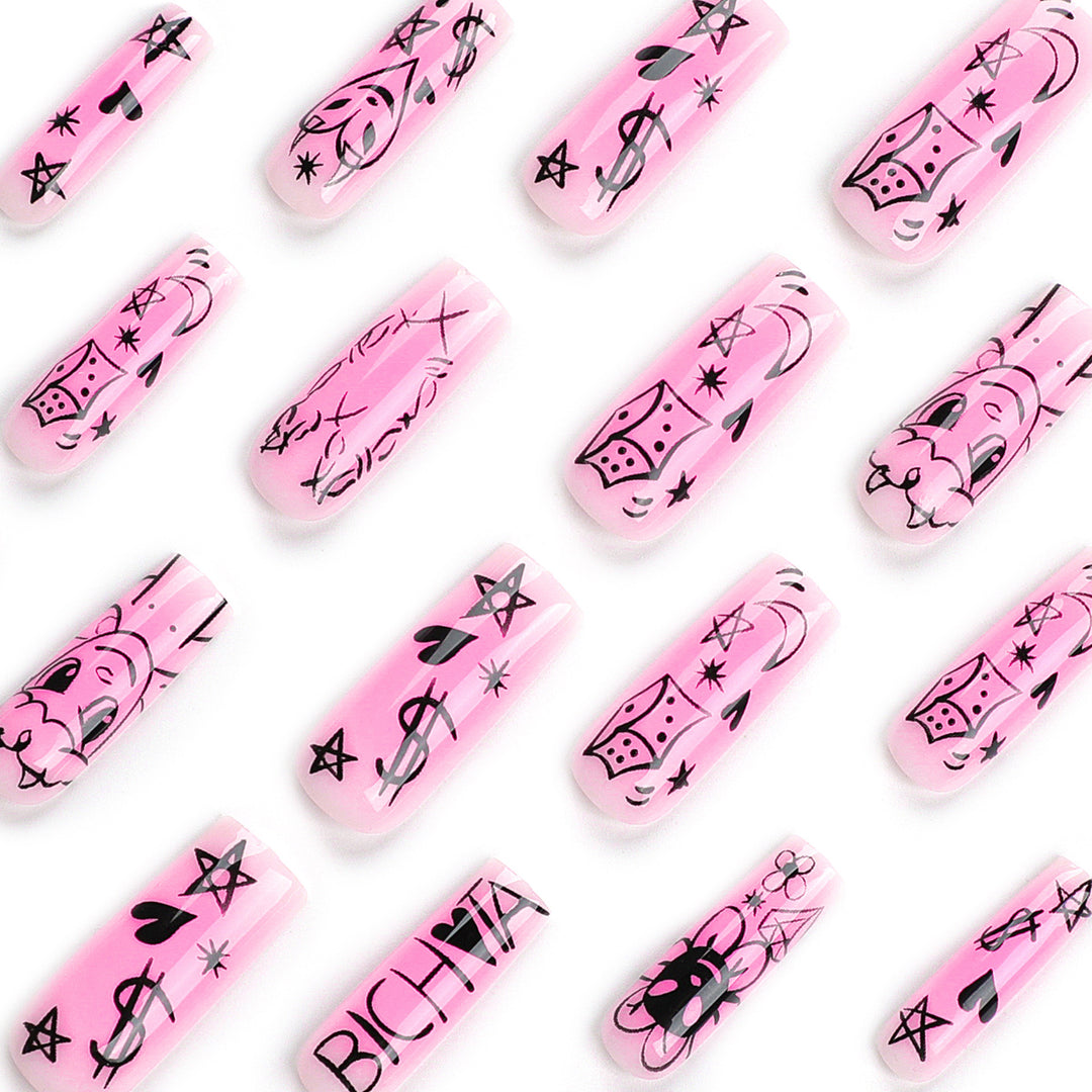 Artificial nail set with playful cartoon motif and shimmering accents Bowlift