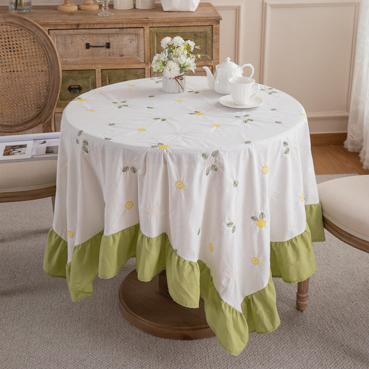 Embroidered Floral Ruffled Tablecloth