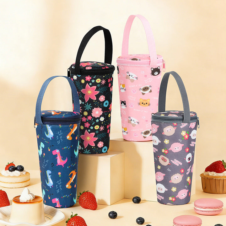 Insulated Thermal Bottle Carrier with Top Handle and Playful Dinosaur Print Bowlift