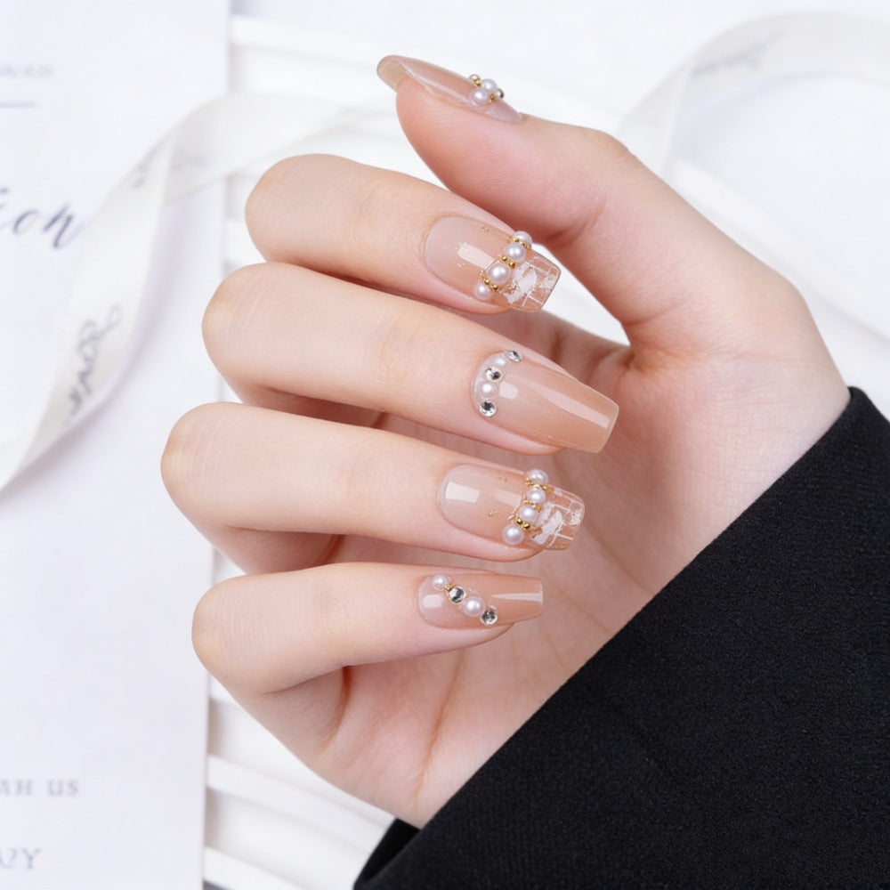 Elegant Press-On Nail Set with Decorative Pearls Bowlift