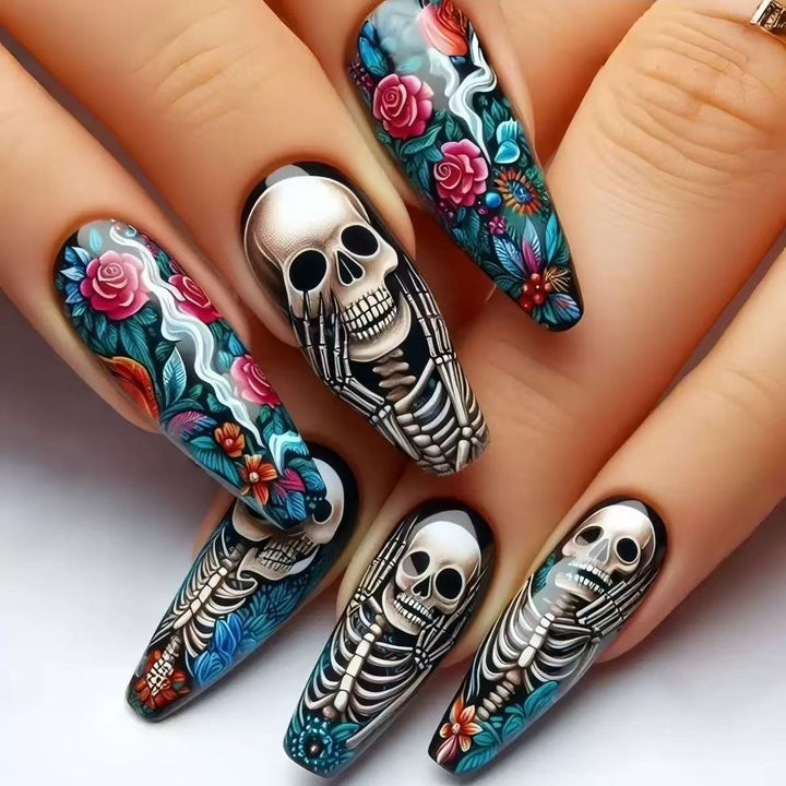 Creative artificial nails with skeleton and flower motifs Bowlift