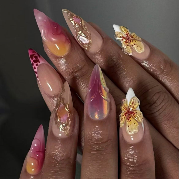 Artful Nail Extensions with Floral Accents Bowlift