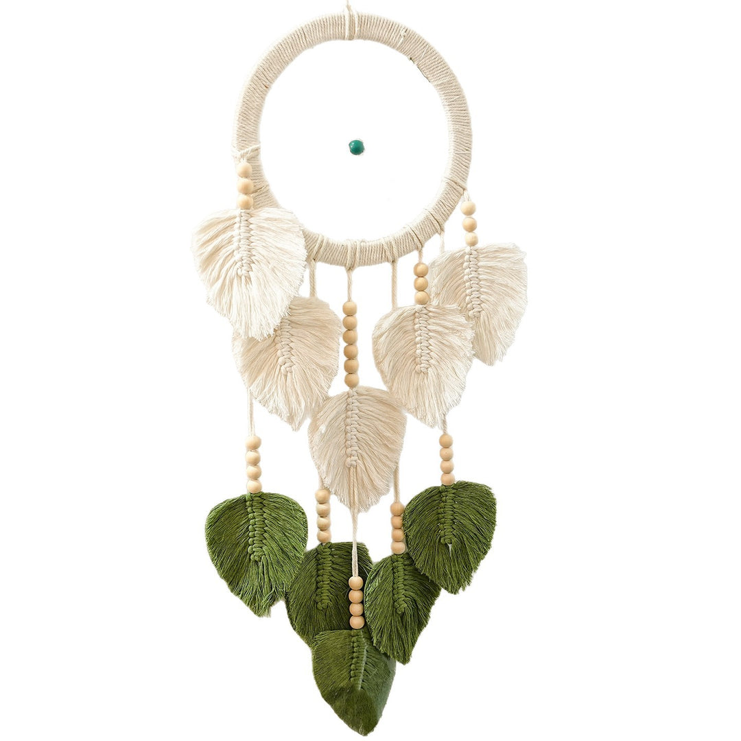 Bohemian Macrame Dreamcatcher Wall Hanging with Cotton Leaf Tassels and Wooden Beads Bowlift