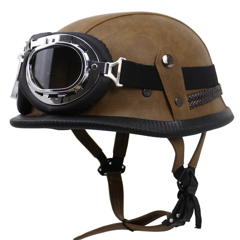 Vintage Leather Biker Helmet with Goggles Bowlift