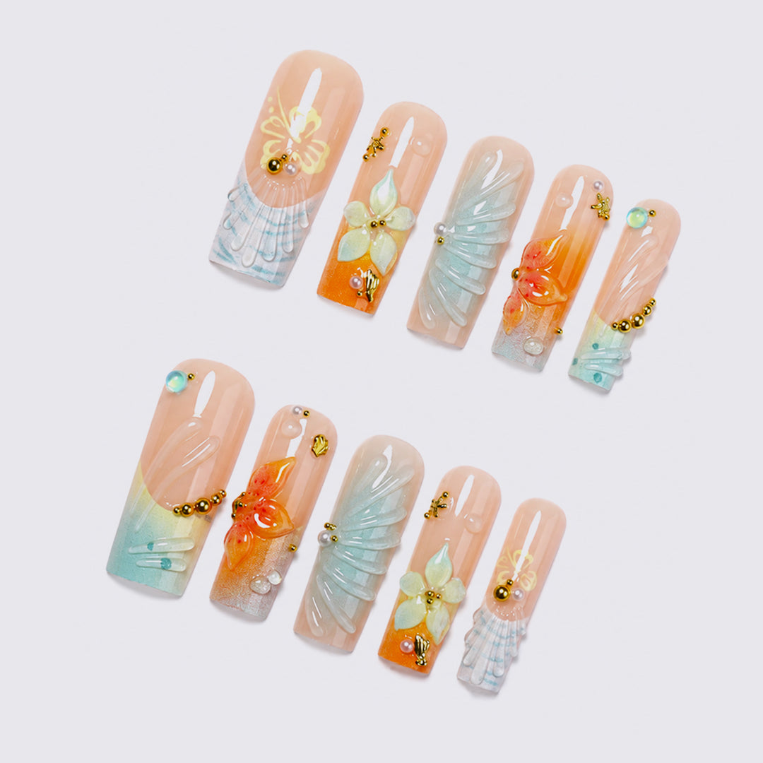 Artificial nail set with floral and luxurious decorations Bowlift