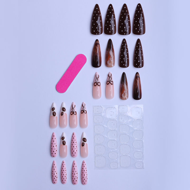 Elegant artificial nails with chocolate motifs and 3D elements Bowlift