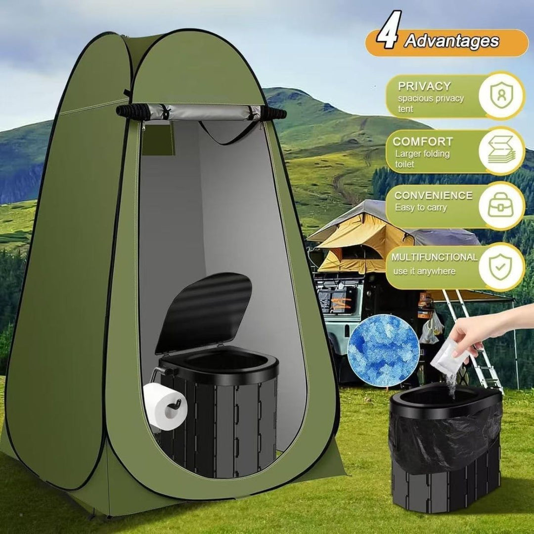 Portable pop-up privacy tent and collapsible camping toilet kit with full accessory set Bowlift