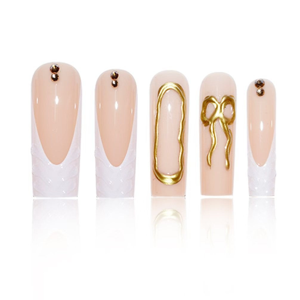 Artistic 3D Press-On Nail Set with Decorative Gold Accents Bowlift