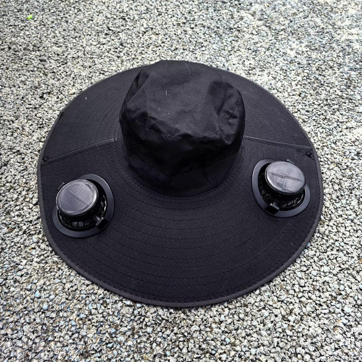 Ventilated sun hat with integrated solar fans and wide brim Bowlift