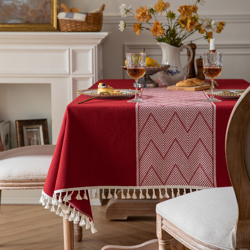 Textured Woven Tablecloth with Decorative Fringe