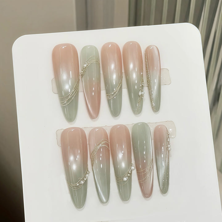 Decorative Press-On Nail Set with Elegant Gradient and Gem Accents