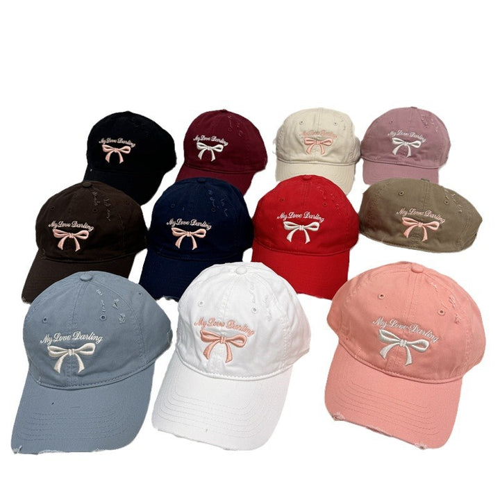 Women's Distressed Cotton Baseball Cap with Bow Embroidery Bowlift