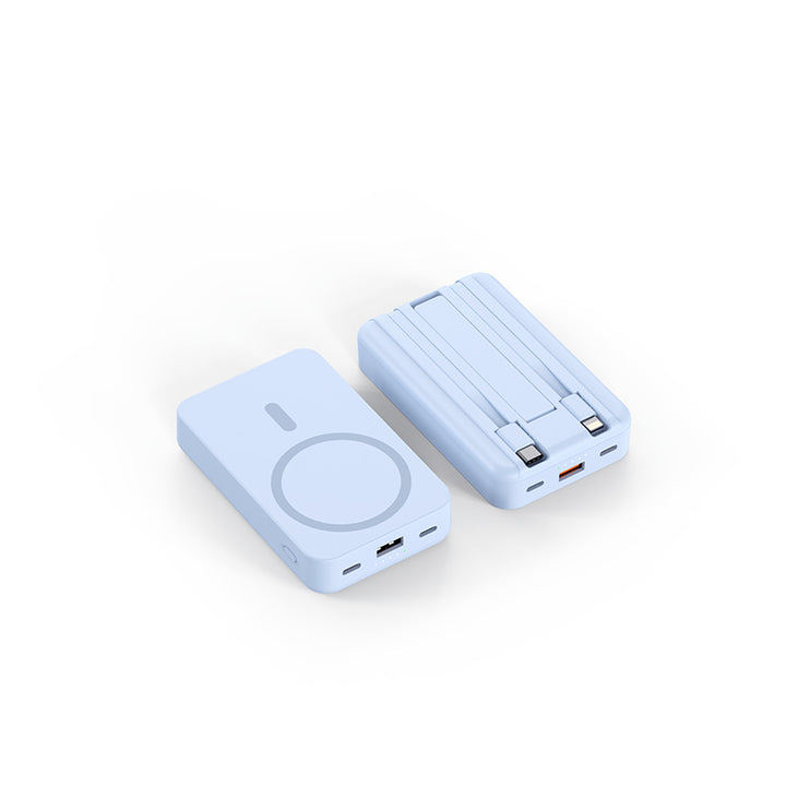 Portable power bank with integrated charging cables and Qi charging function Bowlift