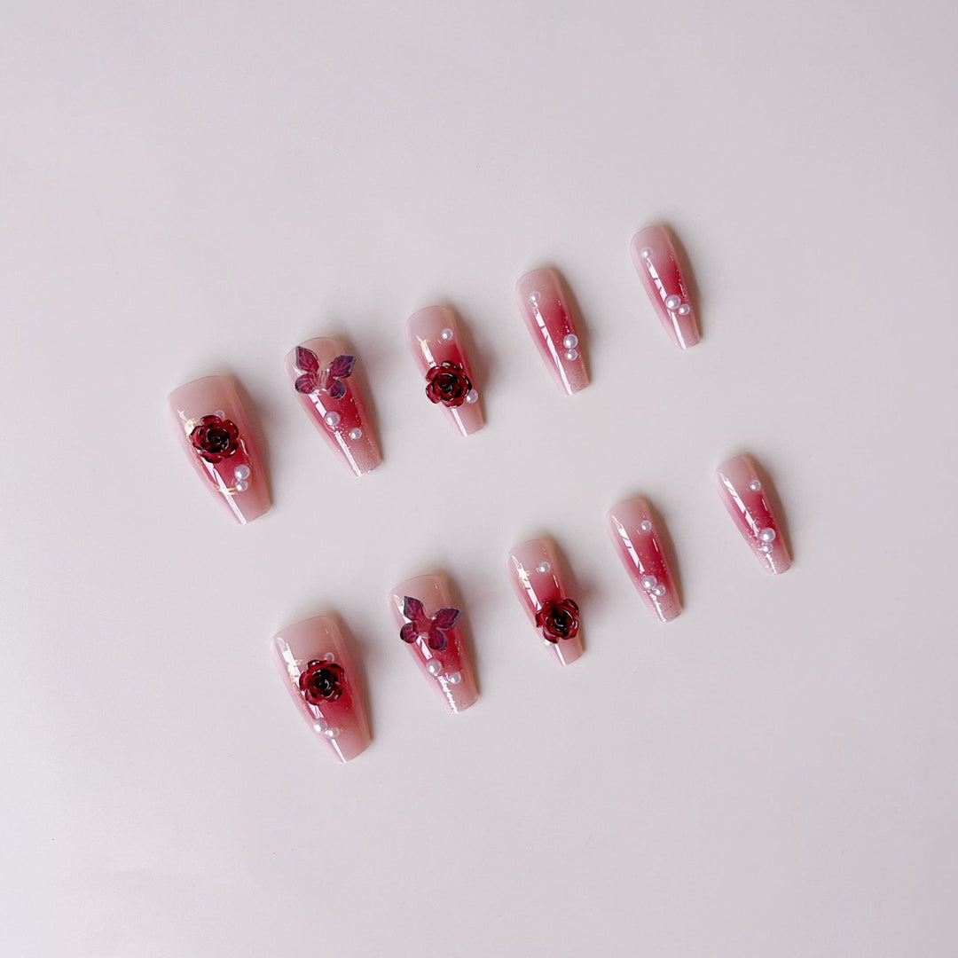 Artificial nail set with elegant floral 3D decorations Bowlift
