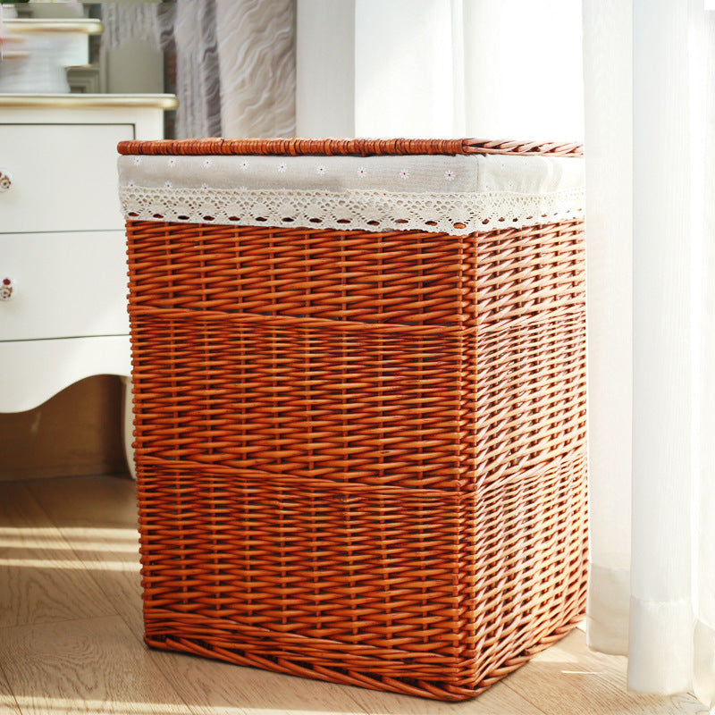Ladies laundry basket with checked fabric cover and elegant lace trim Bowlift