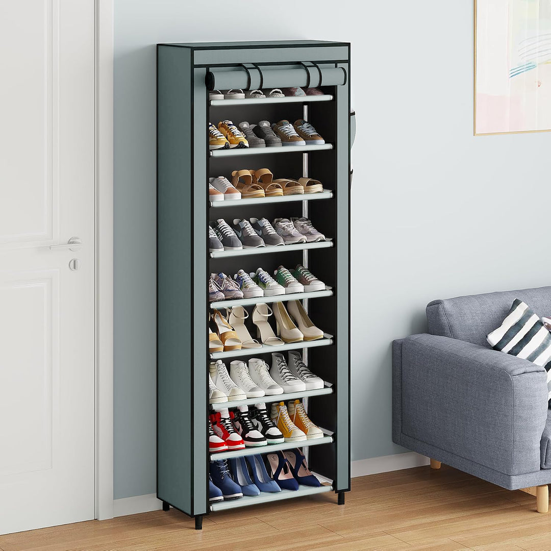 tall vertical shoe storage cabinet with roll-up protective cover and clear shelf panels Bowlift