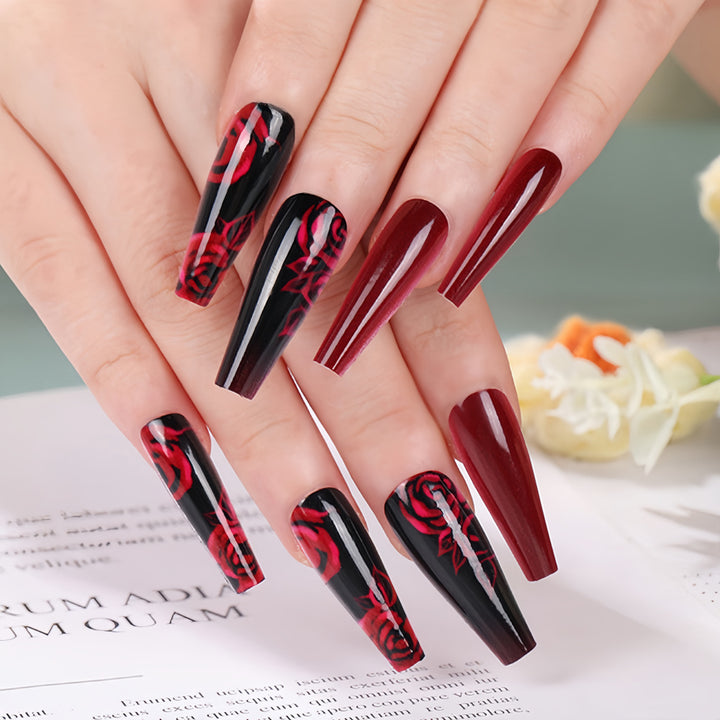 artistic nail tips with floral rose pattern Bowlift