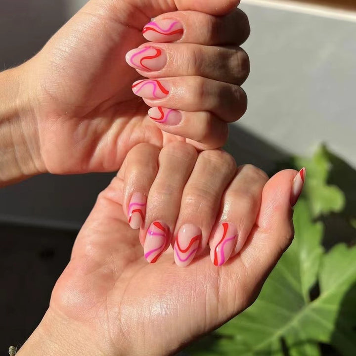 Artistic Press-On Nail Set with Creative Swirl Design Bowlift