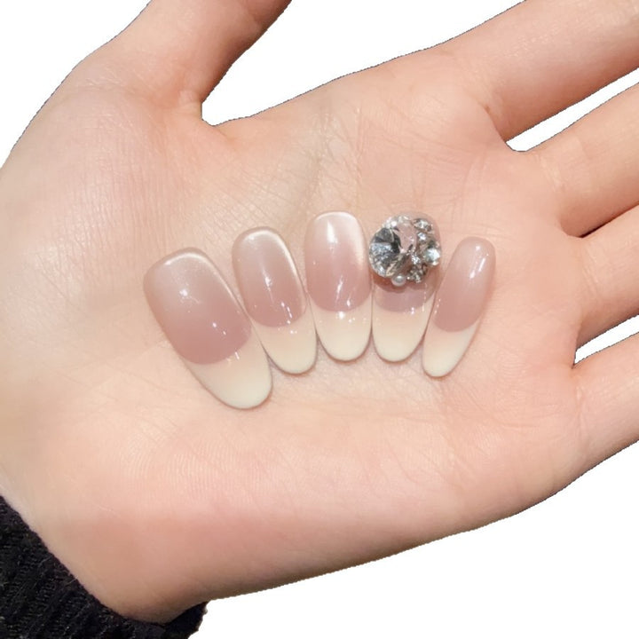 Elegant French Tip Press-On Nails with Rhinestone Accents Bowlift