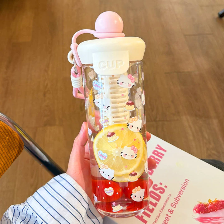 Kawaii Silicone-Topped Reusable Water Bottle with Carry Strap and Cute Dessert Print Bowlift