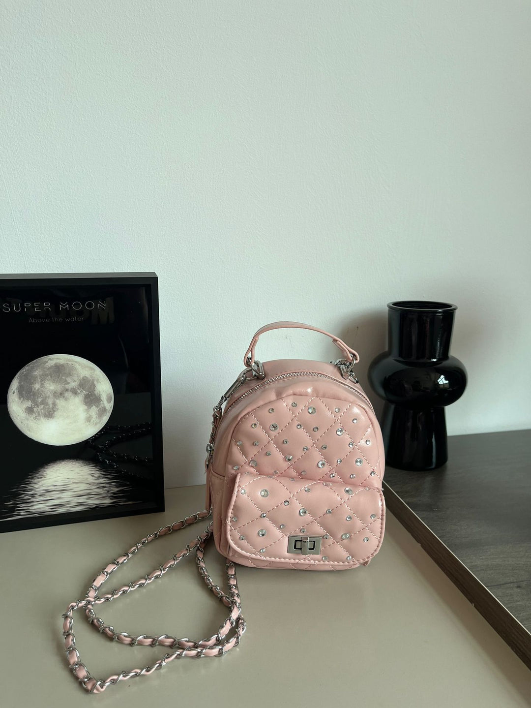 Quilted Mini Backpack with Rhinestone Accents Bowlift