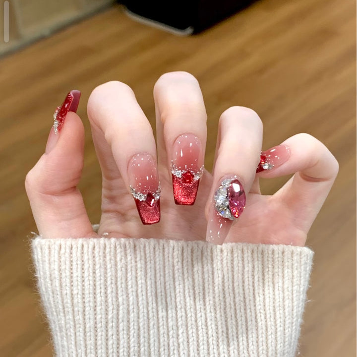 Artistic Press-On Nail Art Set with Floral and Gemstone Accents Bowlift