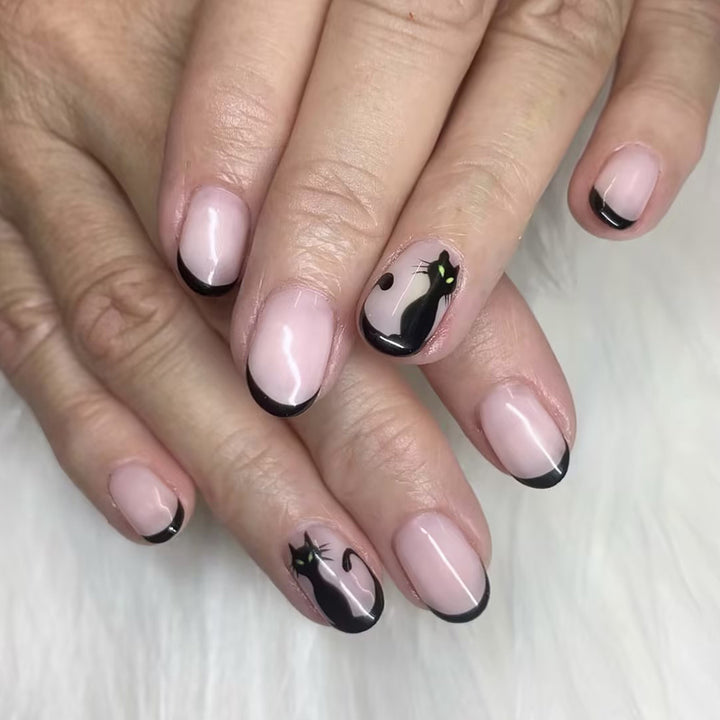 Artistic Cat-Themed Press-On Nails Bowlift
