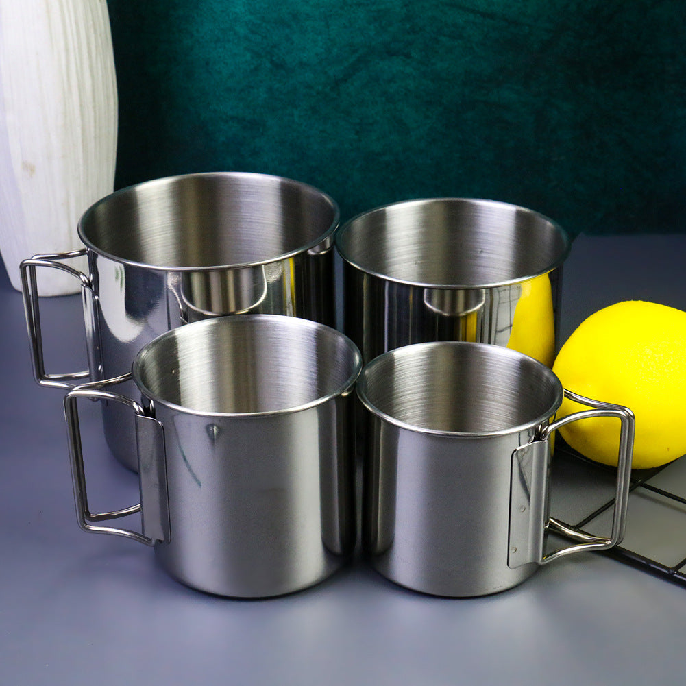 stainless steel nesting camping mug set with fold-flat handles and rolled rims Bowlift