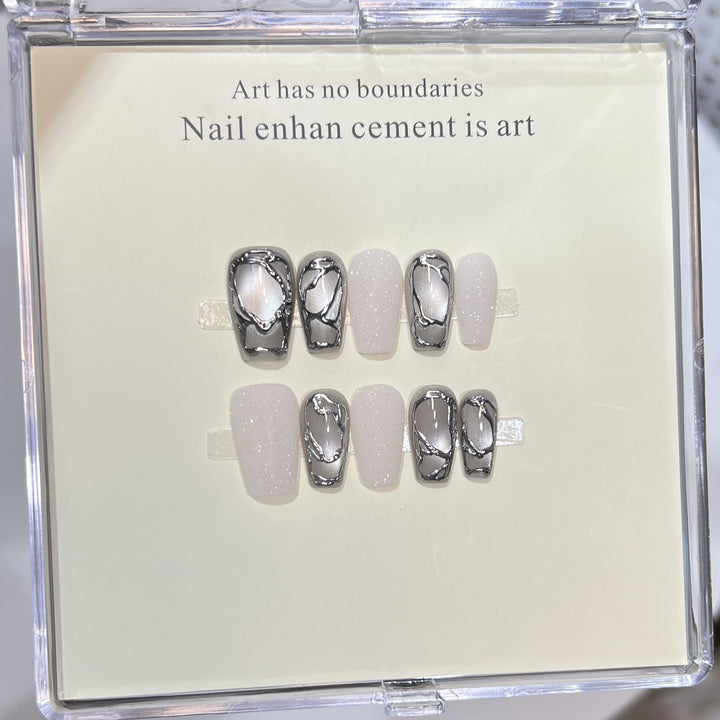 Elegant Acrylic Press-On Nail Art Set with Metallic Design Elements Bowlift