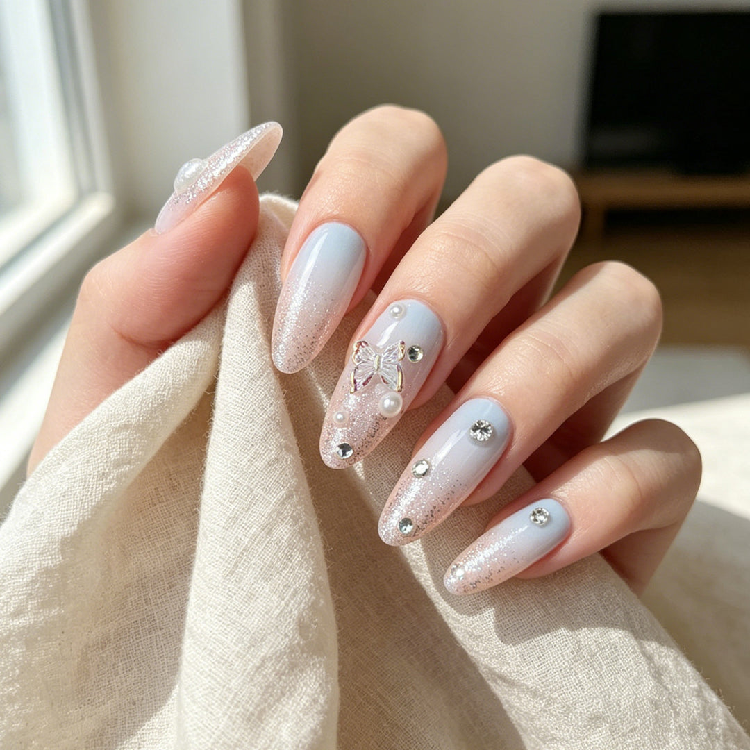 Artistic Glitter-Accented Stiletto Press-On Nails Bowlift
