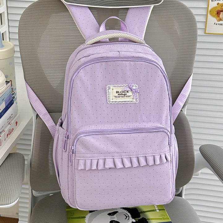 Polka Dot Patterned Backpack with Ruffle Accents Bowlift