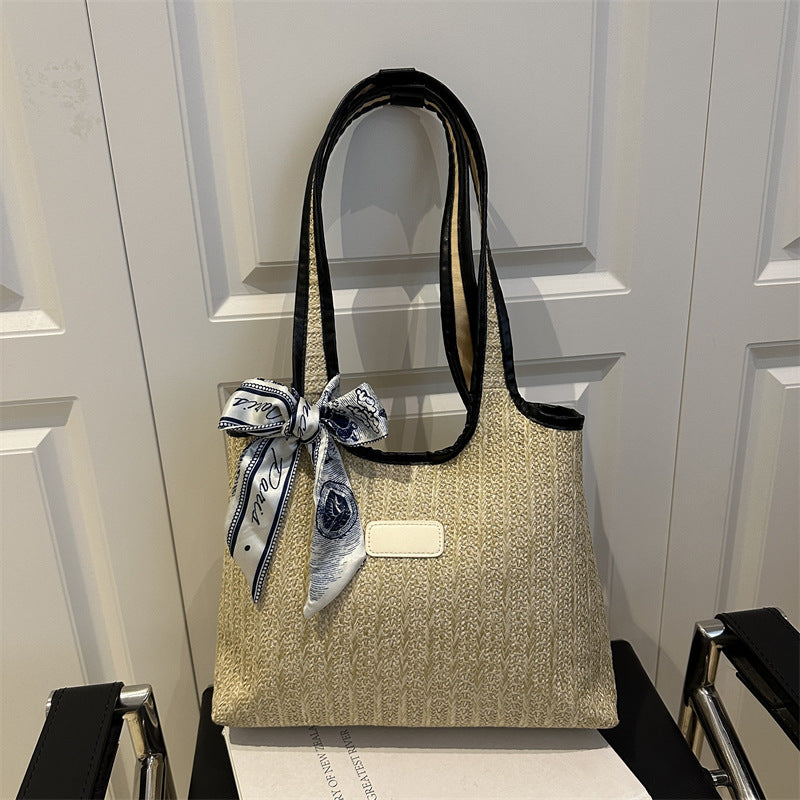 Textured Weave Tote Bag with Elegant Bow Bowlift