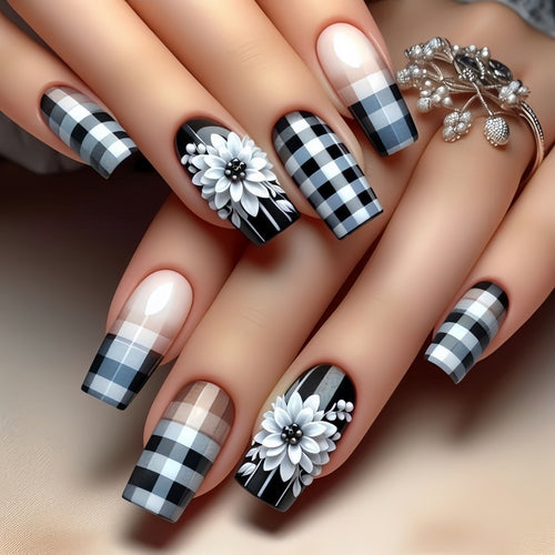 Creative artificial nails with stylish checkered patterns and floral design Bowlift