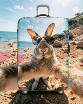 Women's stretchable suitcase cover with rabbit motif, tear-resistant stretch material and openings for handle and wheels Bowlift
